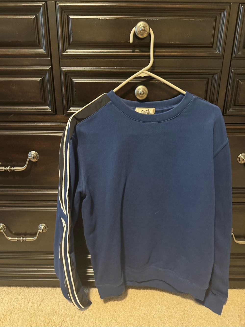 Hermes Navy Crewneck Sweater with White & Black Stripe Sleeve
